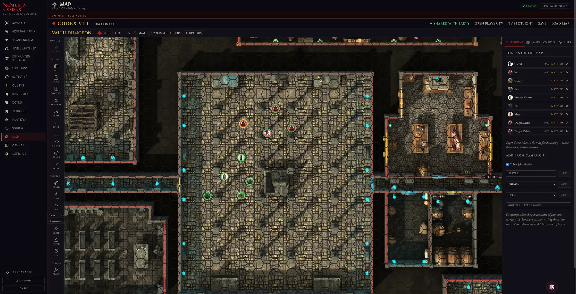 The Nemesis Codex DM map view: a dungeon battle map with fog of war, lit and shadowed rooms, and tokens, alongside the DM's tools.