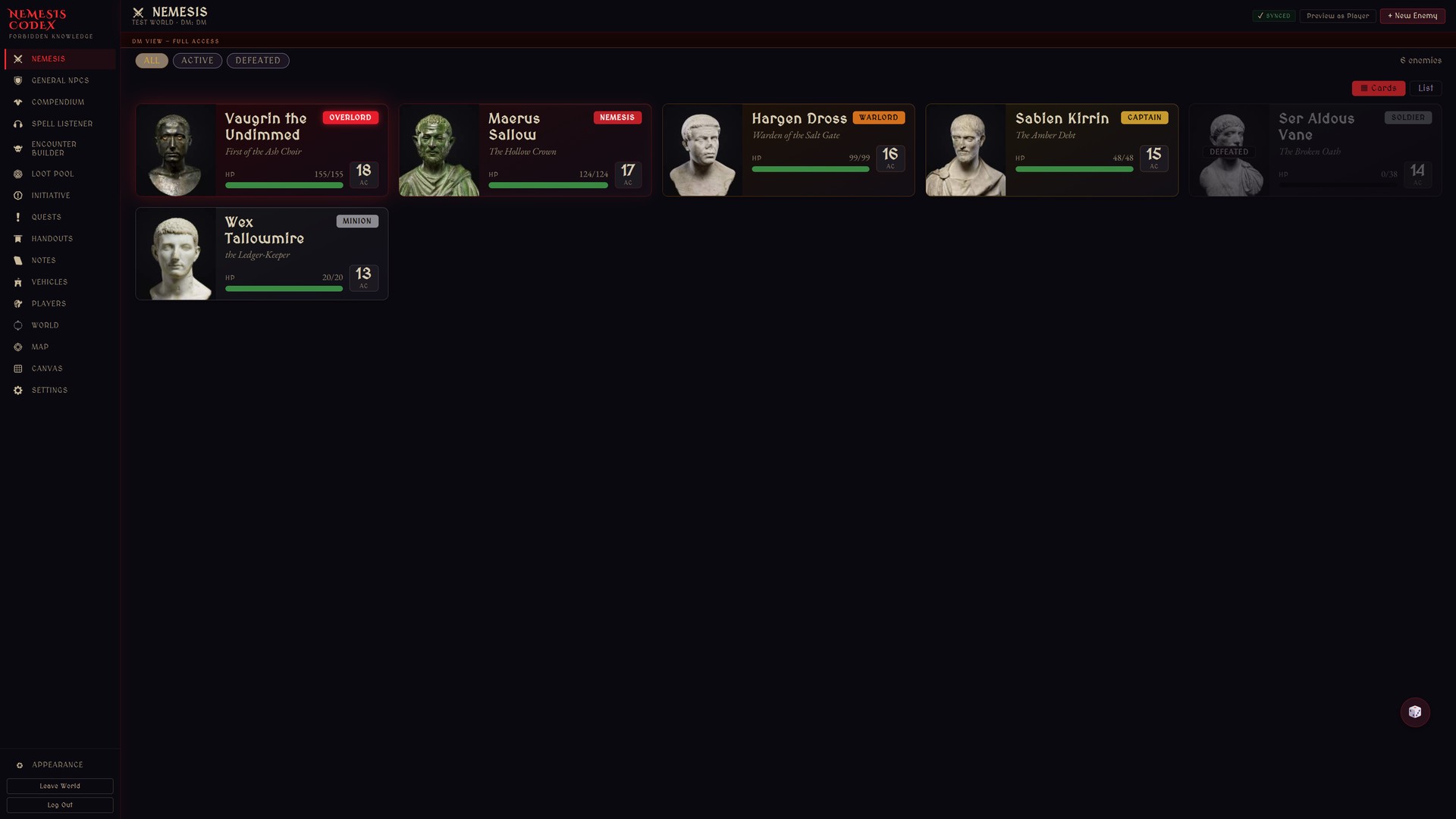 The Nemesis Codex enemy roster: six tracked villains as cards with portrait busts, threat ranks from Minion to Overlord, each showing HP and AC, with one marked defeated.