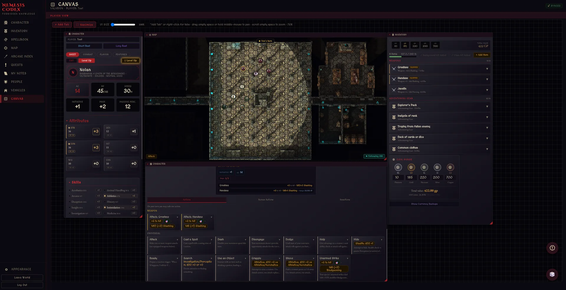 A player's canvas in Nemesis Codex: the shared map open beside their character panels, inventory and other tabs as draggable windows.