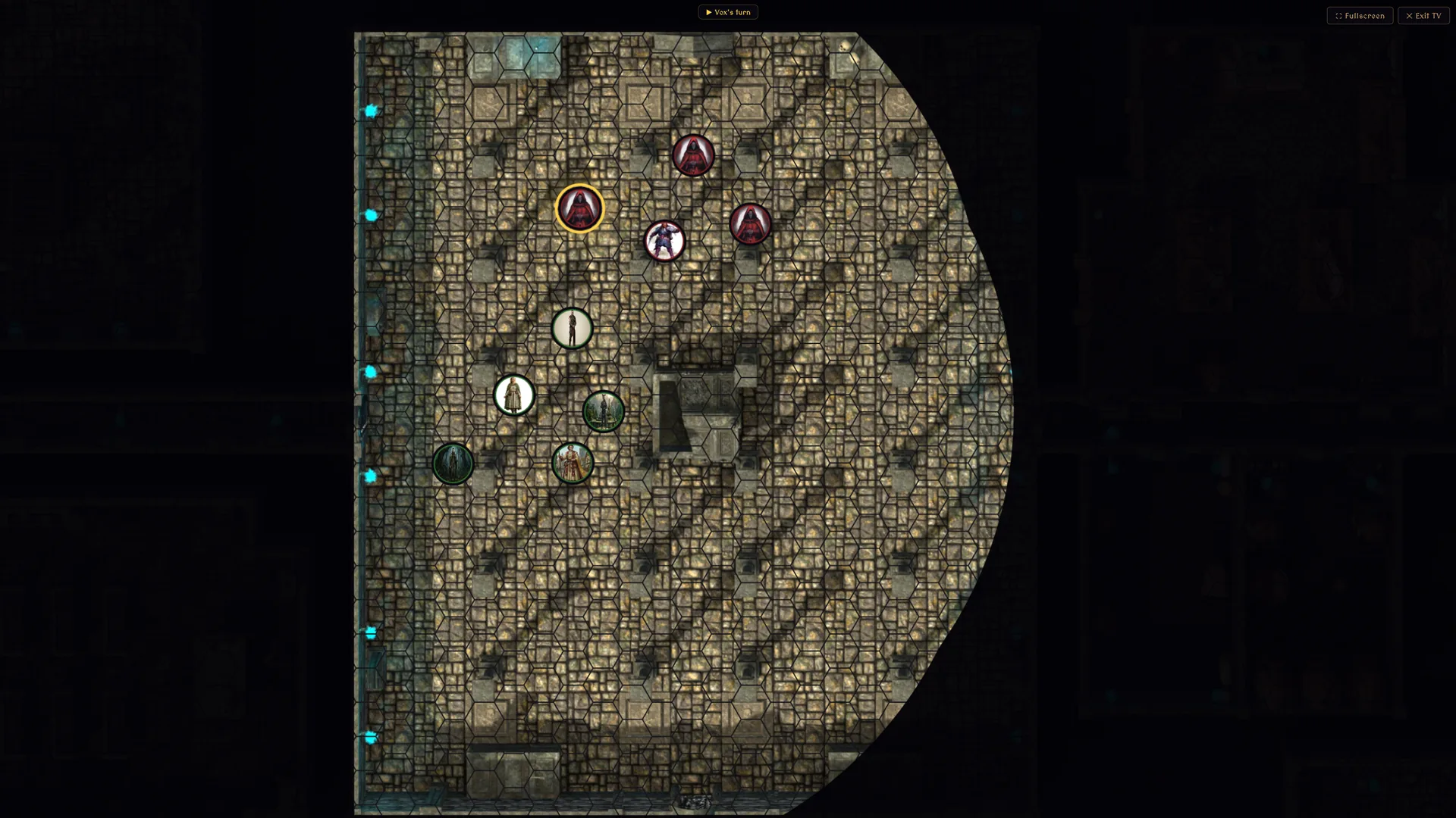 The Nemesis Codex player TV view: a full-screen battle map with fog of war and tokens and almost no interface.